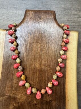 Handmade Red Teardrop and Carved Jasper Necklace